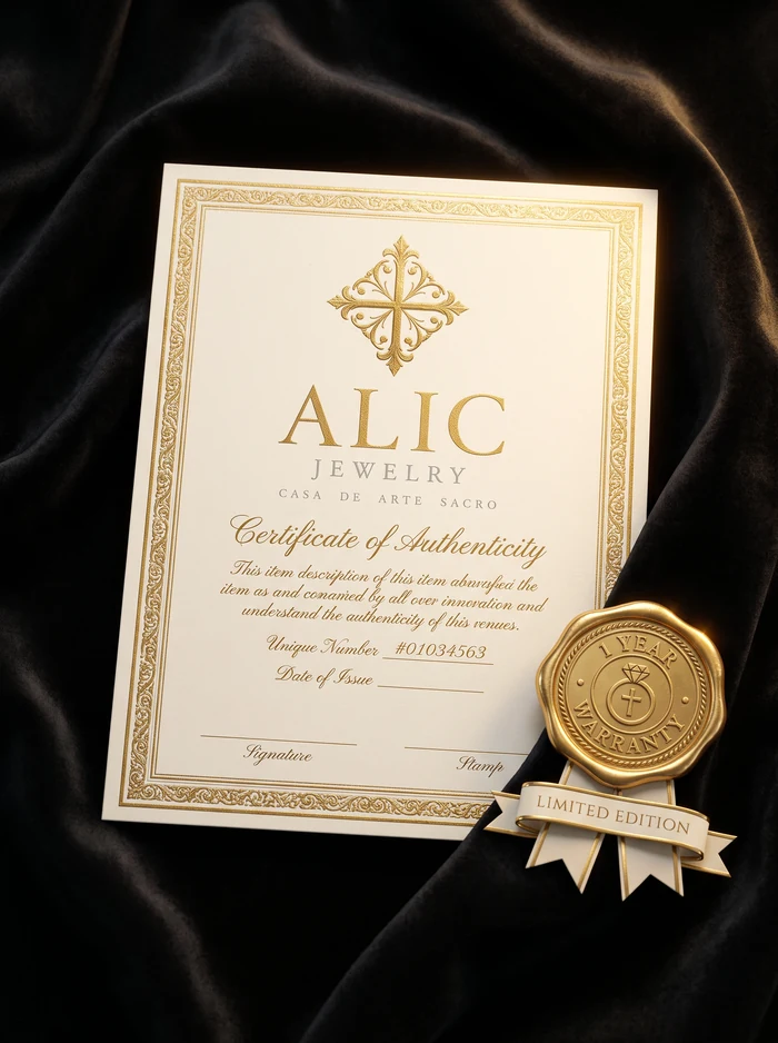 Certificado de autenticidad de Alic sobre terciopelo, con sello de lacre dorado.