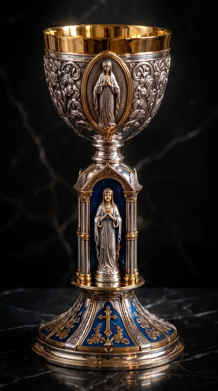 Detalle de la copa de oro y el cincelado en plata de un cáliz de la casa.