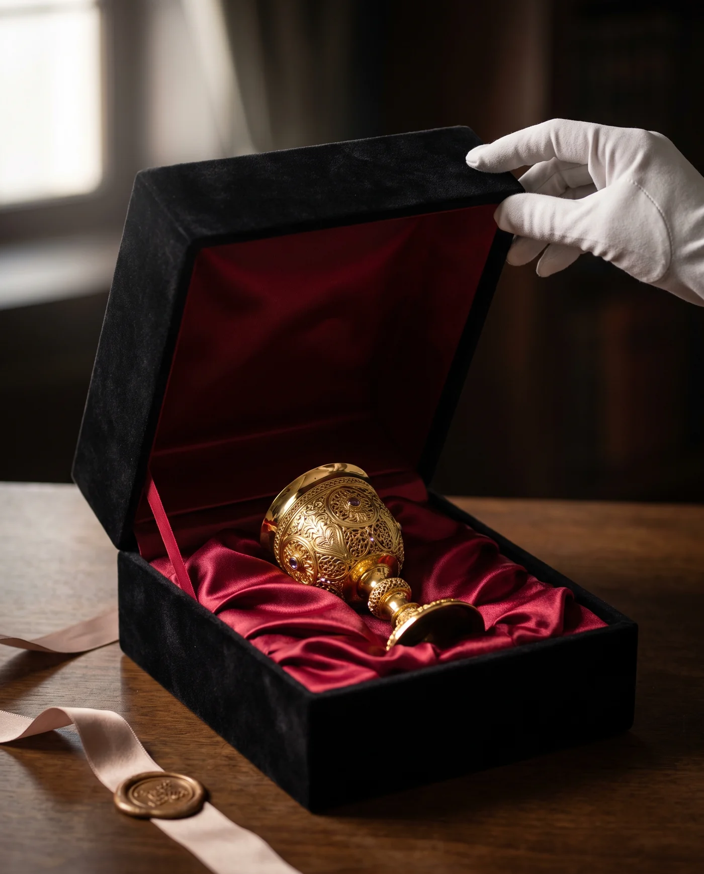 Manos con guantes blancos retirando un caliz de oro de su estuche forrado en terciopelo.