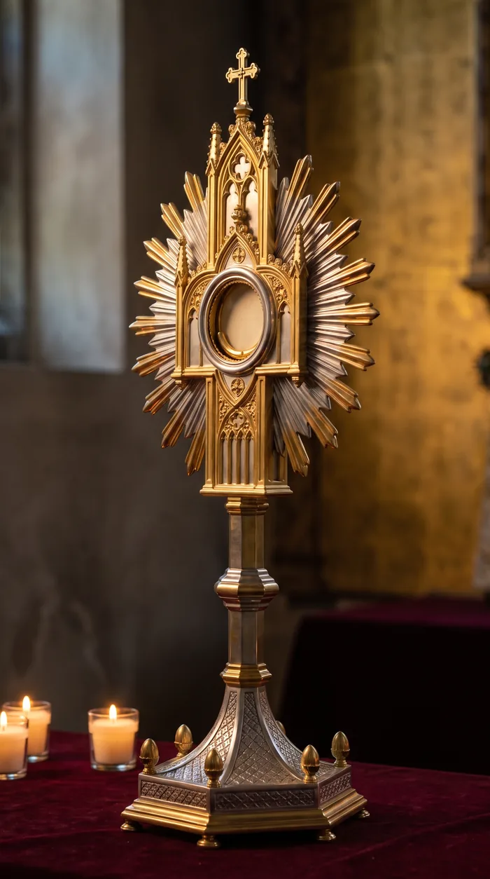 Custodia de estilo catedralicio sobre el altar.