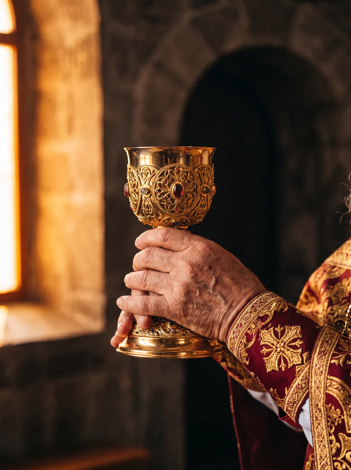 Las manos de un sacerdote sosteniendo un cáliz de oro labrado.