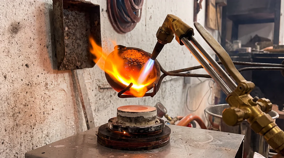 Soplete encendido sobre la mesa de trabajo durante la soldadura de una pieza.